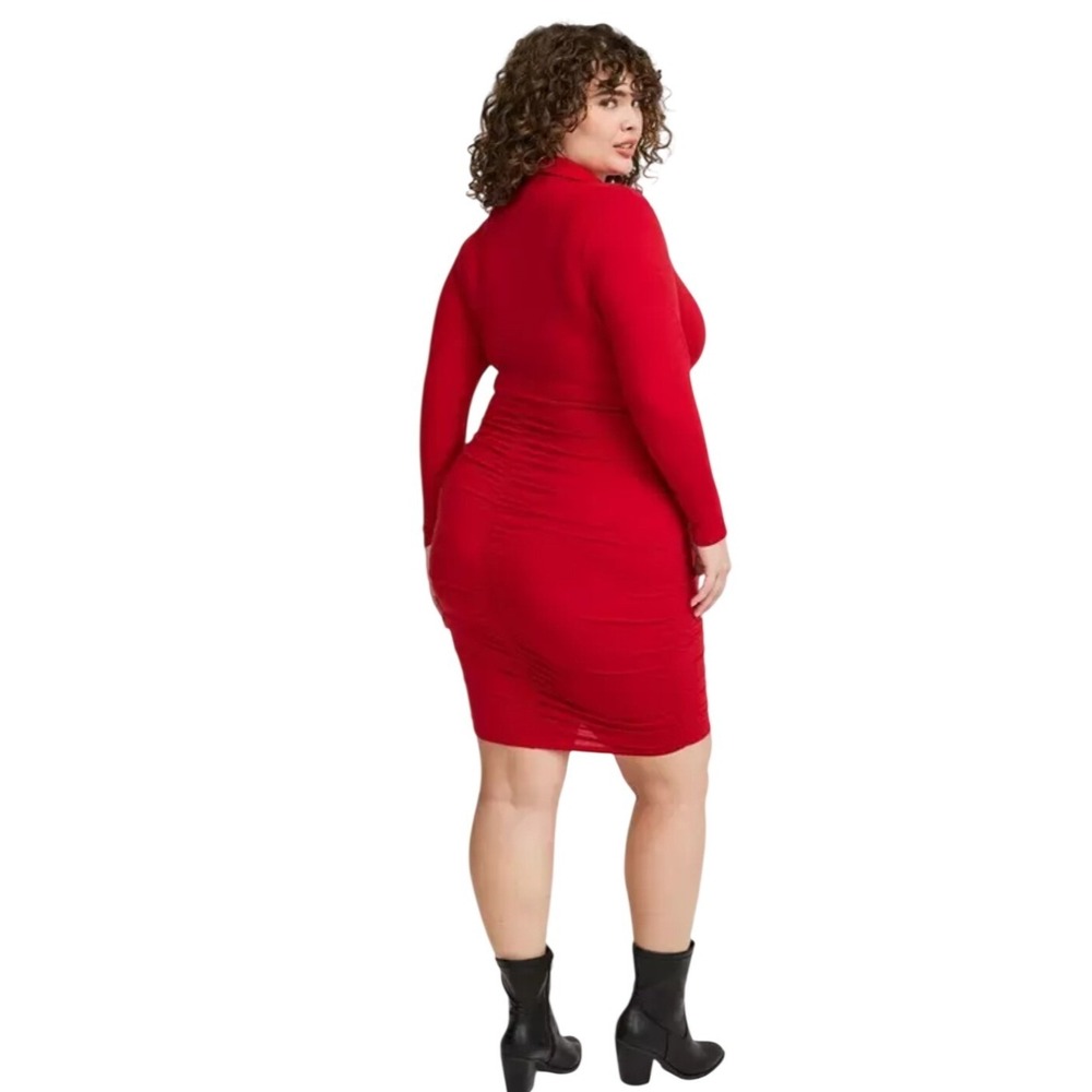 Torrid Red Ruched Mini Jersey Long Sleeve Collar Surplice Dress plus size 5X - Picture 2 of 9